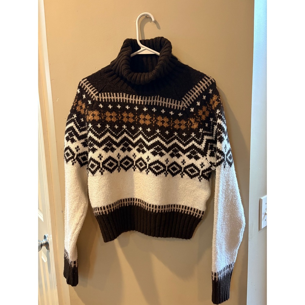 American Eagle Womens Fair Isle Turtleneck Sweater Brown Cream Chunky Knit M